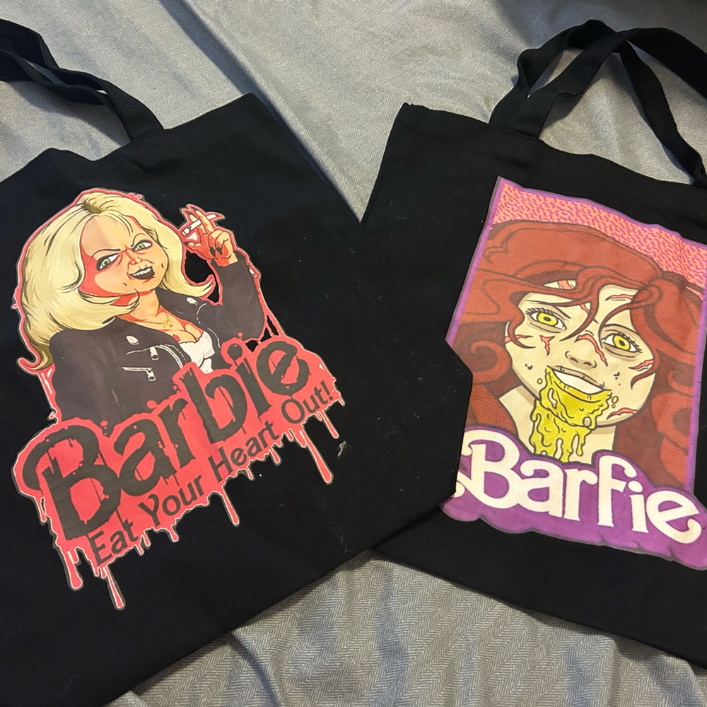 Barbie Black Tote Bags with Pink and Purple Graphics